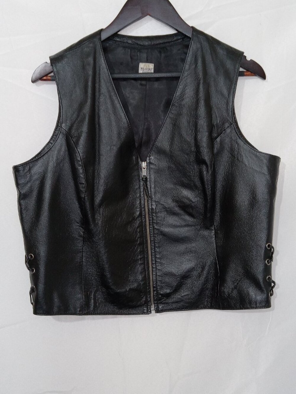 Wilsons Maxima Leather Biker Vest Womens XL Black Zip Up Side Lace Moto 90s